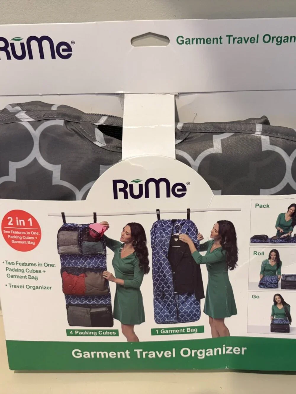 RuME GARMENT TRAVEL ORGANIZER BAG 2-SIDED HEATHER GREY GEOMETRIC Brand New